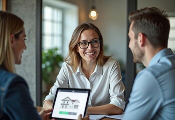 Happy real estate agent using digital tablet with her clients during consultations in office