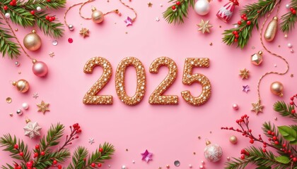 Festive New Year Celebration 2025 with Ornaments on Pink Background