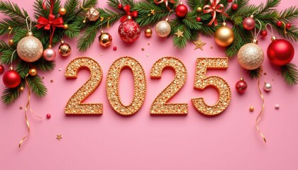 Festive New Year 2025 Celebration Decor with Ornaments and Greenery