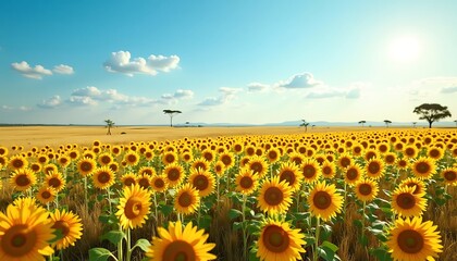Obraz premium Bright Sunflower Field Under Clear Blue Sky with Sunlight in Rural Landscape