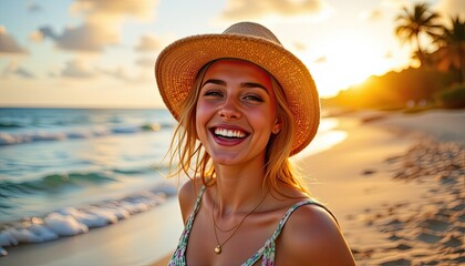 Joyful Woman Smiling on Beach at Sunset with Hat and Ocean Background