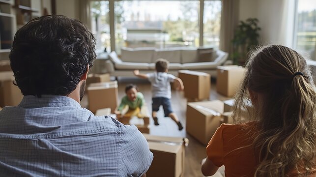 Two parents watching their kids race across an open living room filled with unopened boxes and furniture still wrapped, capturing a moment of joyful chaos.