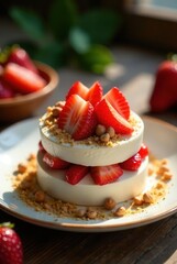 Layered creamy dessert with fresh strawberries and crunchy topping on a plate