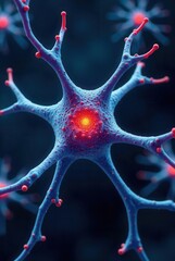 Microscopic View of a Neuron's Complex Structure and Intricate Network of Dendrites and Axons, Highlighting the Central Cell Body and Synaptic Connections