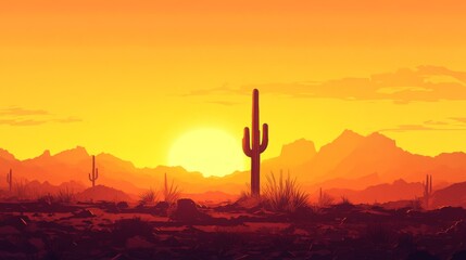 Naklejka premium A single cactus silhouetted against a golden sunset in the desert.