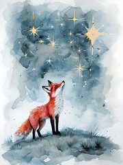 Whimsical Fox Gazing at Stars in Dreamy Watercolor Scene