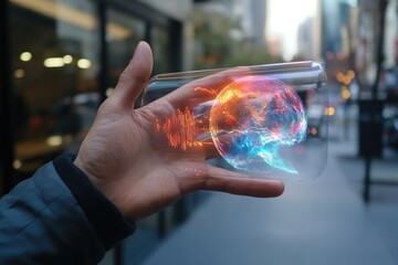 Hand holding holographic phone, global vision