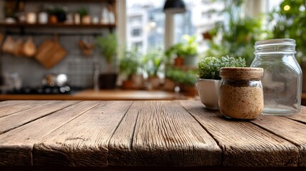 Empty wooden table with soft light, blurred kitchen behind. Simplicity and warmth in a quiet moment.
