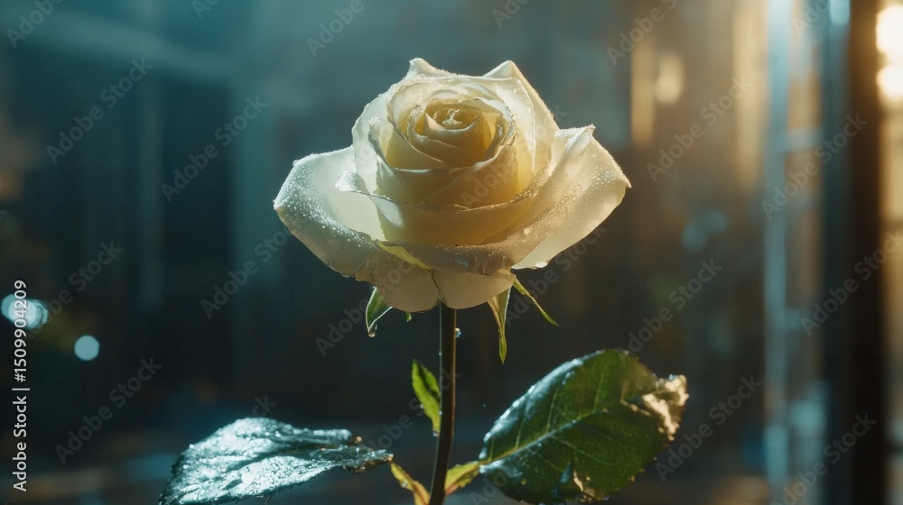 Poster a single white rose with water droplets on its petals, illuminated by soft sunlight for a serene and