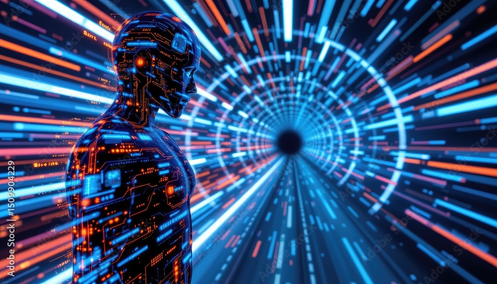 Poster futuristic digital man surrounded by bright data streams and tunnel