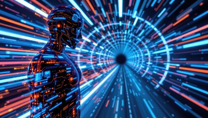 Futuristic Digital Man Surrounded by Bright Data Streams and Tunnel
