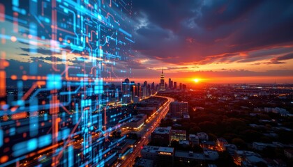 Futuristic City Skyline with Digital Overlay at Sunset View