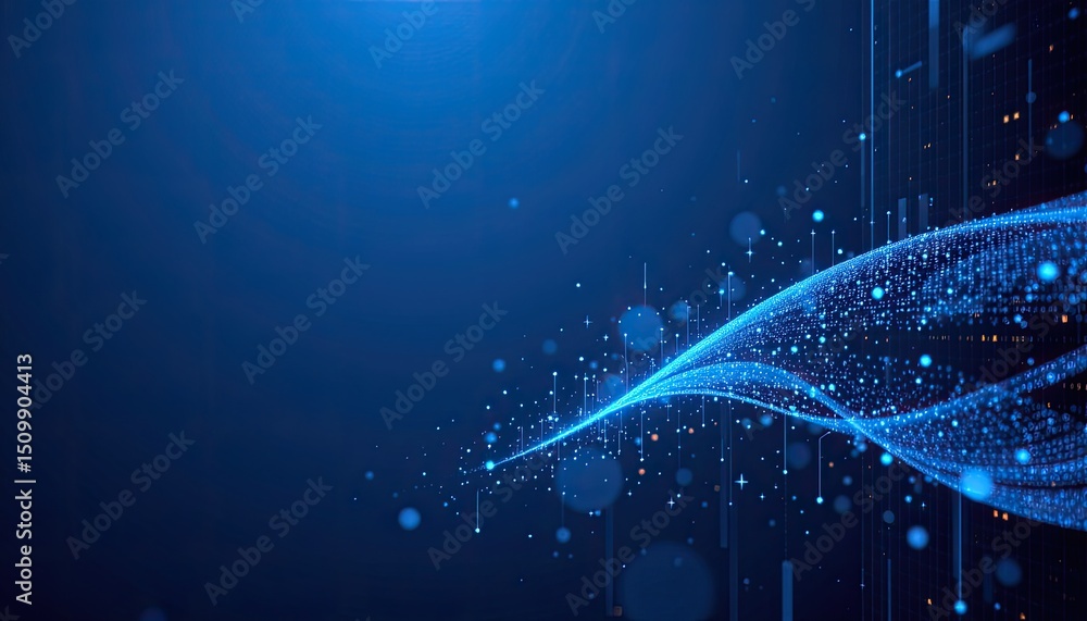Poster abstract digital wave with bright blue points and lines on dark background