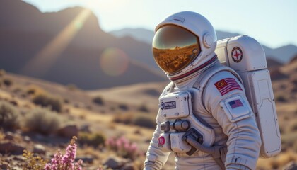 Astronaut Exploring Alien Landscape at Dawn in Desert Environment