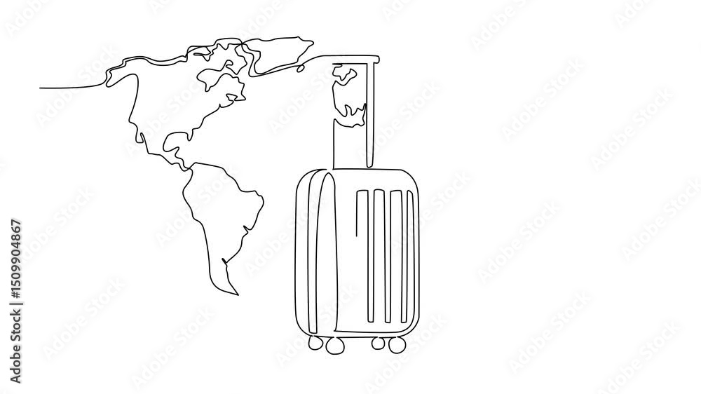 Poster self drawing animation of single continuous line drawing suitcase with raised handle with world map 