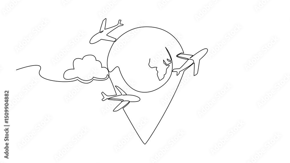 Poster animation of single continuous line drawing pin location in the middle is a globe with several airpl
