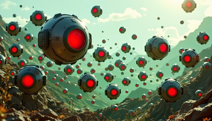 Futuristic Scene of Flying Spheres with Red Lights in a Landscape