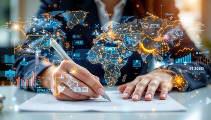Businessman Analyzing Global Data and Trends with Digital Interface