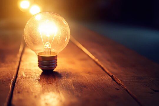 Light bulbs illuminate wooden table at night