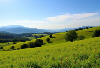 Fototapeta premium Vibrant green meadow, rolling hills, distant mountains, lush trees under a sunny sky , happy, background