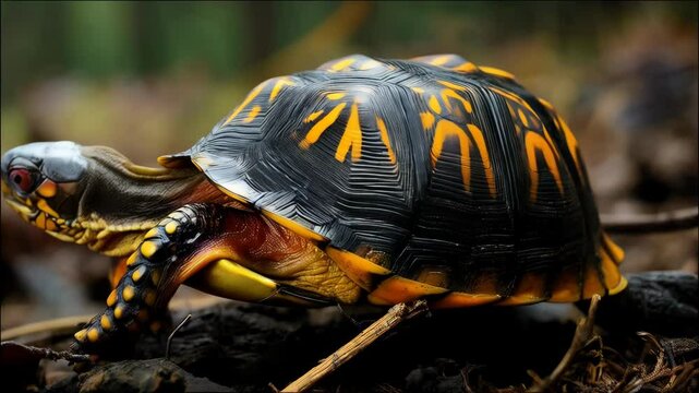 Eastern box turtle crawling through a forest floor, exhibiting vibrant orange and black shell patterns and distinctive red eye in a natural habitat.