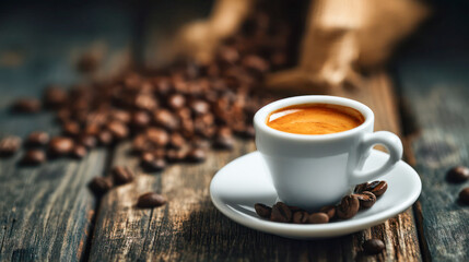 Freshly brewed espresso in a white cup sits on a rustic wooden table surrounded by scattered coffee beans, creating a warm and inviting coffee experience