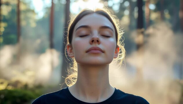 Serene woman with closed eyes enjoying mindful breathing in a sunlit forest, symbolizing peace, wellness, and inner calm.