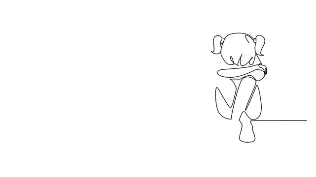 Animation of single continuous line drawing girl sitting on the floor with her head bowed. Missing the love of parents very much. Loneliness. Childhood Depression Awareness Day. Full length motion