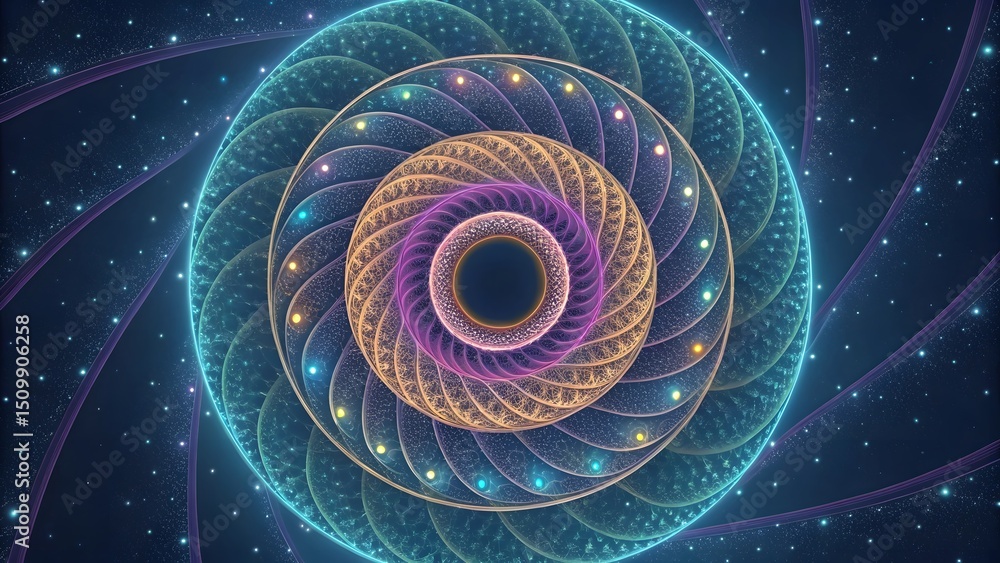 Poster abstract fractal art with concentric circles and glowing particles on a dark background