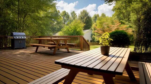 Wooden deck featuring a picnic table and barbecue grill, with a lush green backyard and trees under a bright sky on a sunny day