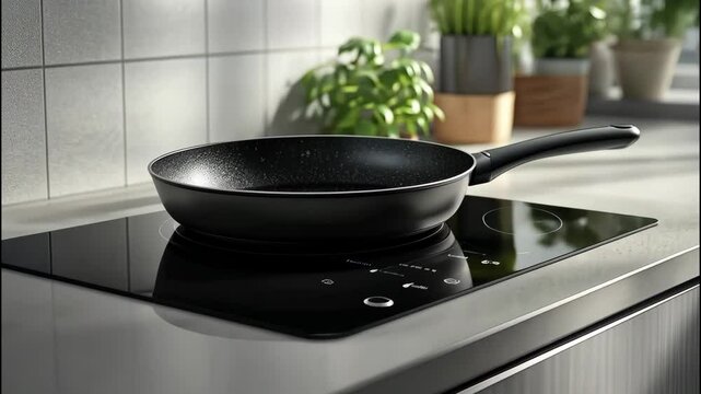 Non-stick black frying pan on induction cooktop in kitchen. 