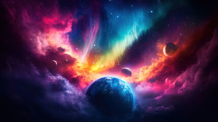 Obraz premium A breathtaking aurora dancing above an alien planet, with multiple moons in the sky