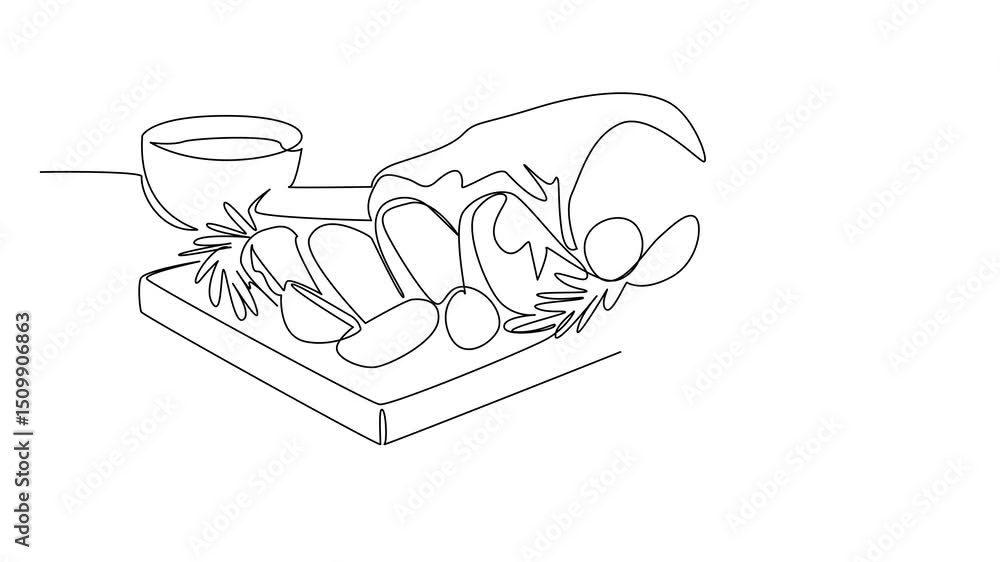 Poster animated self drawing of single continuous line drawing slices of roast leg lamb on a square wooden 