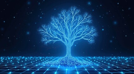 A surreal, artistic depiction of a cybersecurity environment with a tree growing from a data center, symbolizing growth, technology.