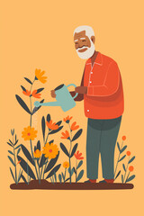 Cheerful illustration of man in red sweater watering flowers