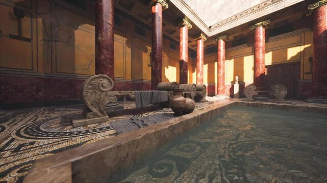The stunning interior of a historic bathhouse showcases elegant columns, intricate mosaics, and a serene water pool, creating a tranquil atmosphere filled with rich history.