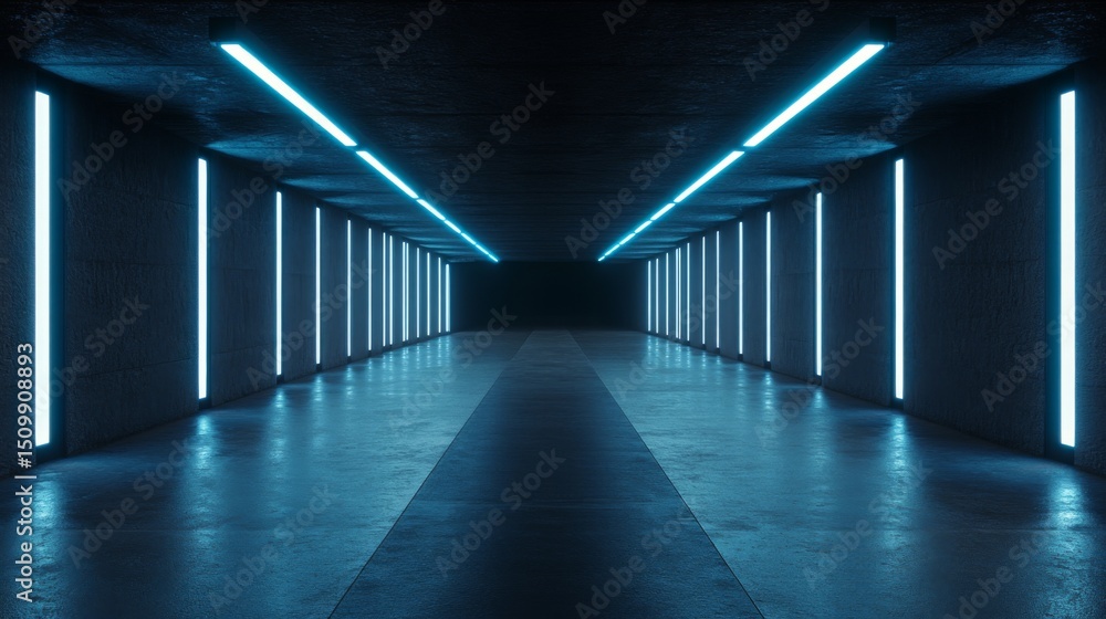 Leinwandbilder a subway tunnel with glowing lights along the walls, creating a symmetrical path with parallel track