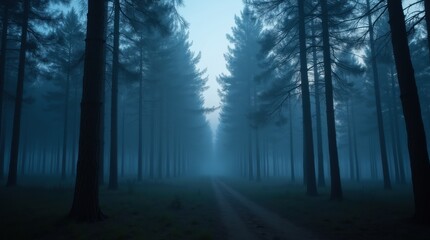 Obraz premium Enigmatic Twilight High-Definition Photo of a Foggy Pine Forest