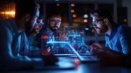 A business team in a 5G-powered smart office, collaborating through real-time AI translations