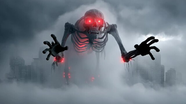 Skeletal robotic creature in foggy cityscape futuristic monster graphic design