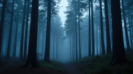 Obraz premium Enigmatic Twilight High-Definition Photo of a Foggy Pine Forest