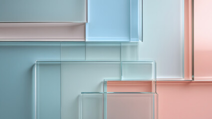 4K abstract glass layers wallpaper, transparent overlapping panels with soft pastel backgrounds (sky blue, soft coral), clean frosted glass effect, elegant modern design, suitable for clean workspaces