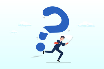 Confidence businessman cut question mark sign with his sword unveil exclamation mark as answer, solving problem, answer question or overcome difficulty, solution to eliminate trouble, unknown concept