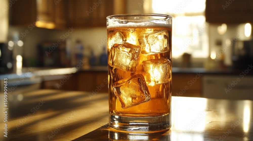 Poster a tall glass of beer with large ice cubes inside, set on a smooth countertop with natural light refl