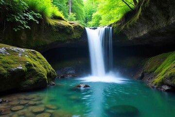 Serene waterfall cascading over moss-covered rocks into a crystal-clear pool, creating a tranquil and peaceful atmosphere perfect for relaxation and meditation , untouched, hidden