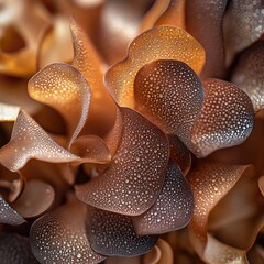 Fototapeta premium Close-up of dew-covered, curled, dark-brown, translucent organic matter, possibly a plant or fungus, exhibiting a range of brown hues and textures