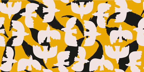 Birds in Flight on Yellow Texture Seamless Pattern