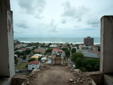 Fototapeta Monrovia, Liberia - Masonic Lodge, US embassy, and Atlantic Ocean as seen from ruins on once 5-star Ducor Hotel that was destroyed in Liberia's civil wars