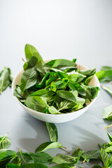 Bunch of fresh mint in plate on gray background from above