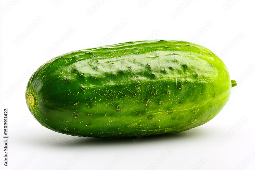 Poster a green cucumber is sitting on a white background. the cucumber is large and has a pointed tip